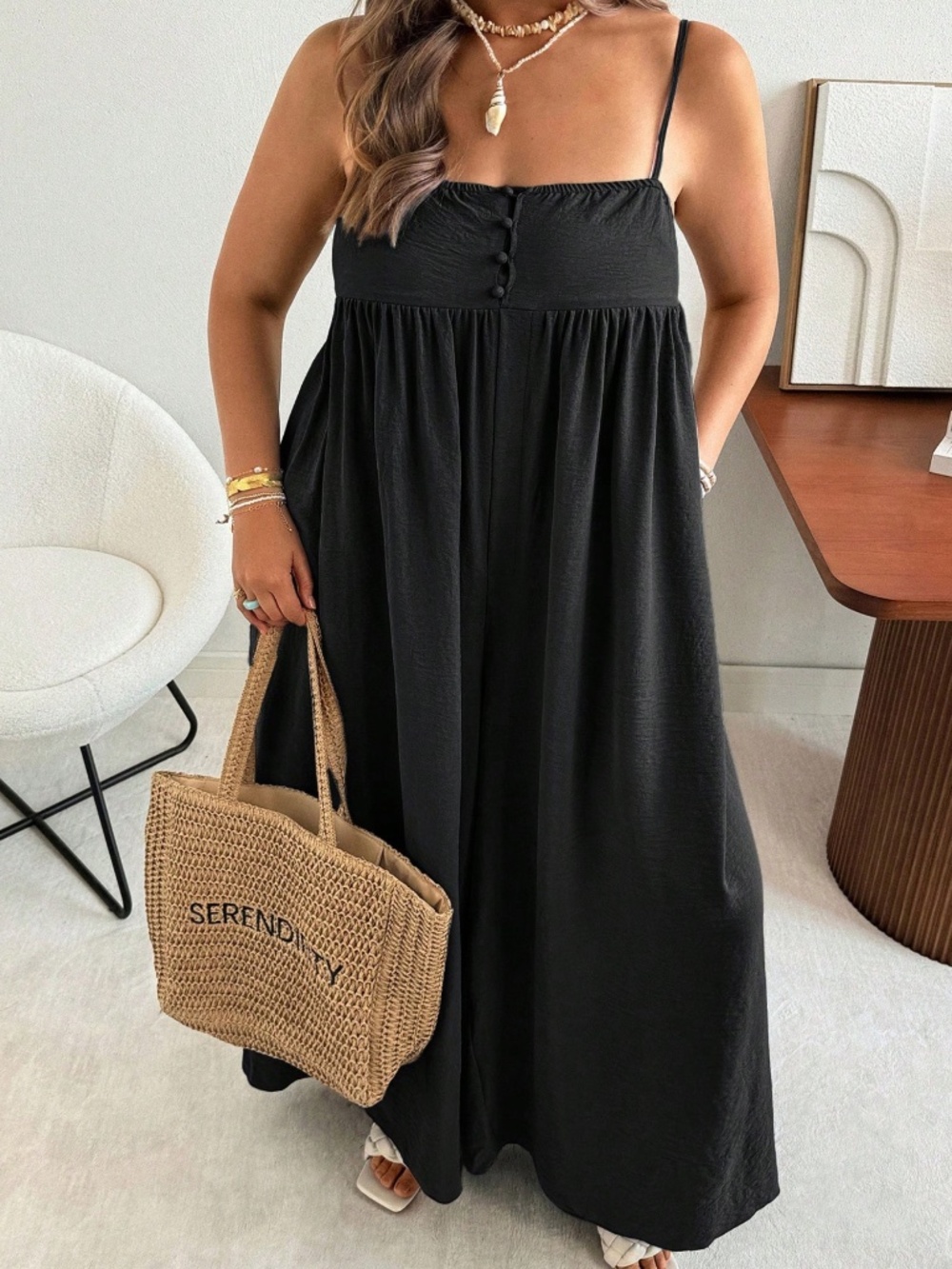 Plus Solid Button Flowy High Waisted Wide leg Jumper Jumpsuit - Picture 5 of 12